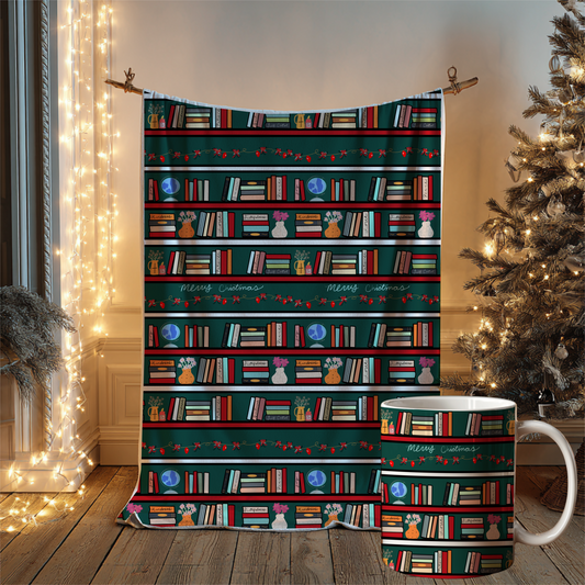 Christmas Bookshelf Throw Blanket Gift Set